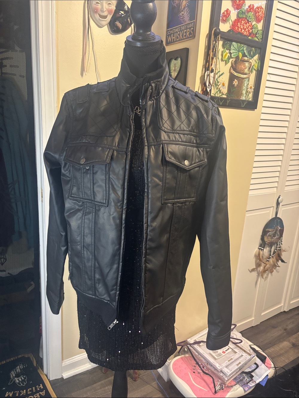 Helix Black Faux Leather Bomber Jacket with Quilted Shoulders